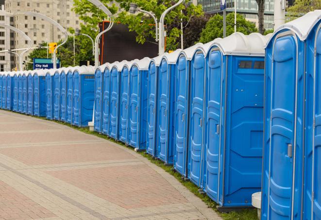 a line of portable restrooms set up for a wedding or special event, ensuring guests have access to comfortable and clean facilities throughout the duration of the celebration in Bartonville